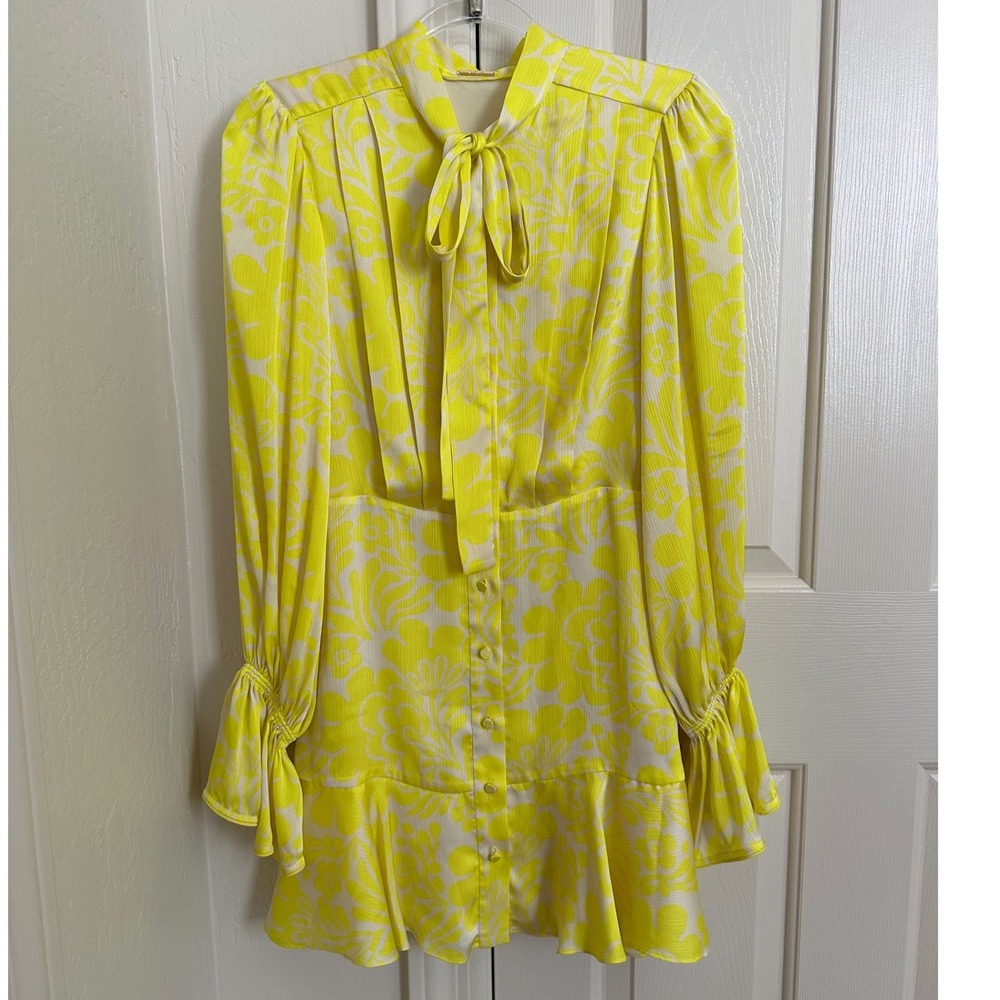 Alexis Neela Yellow Floral Tie Neck Poet Sleeve Ruffle Mini Dress Small S - Picture 2 of 7